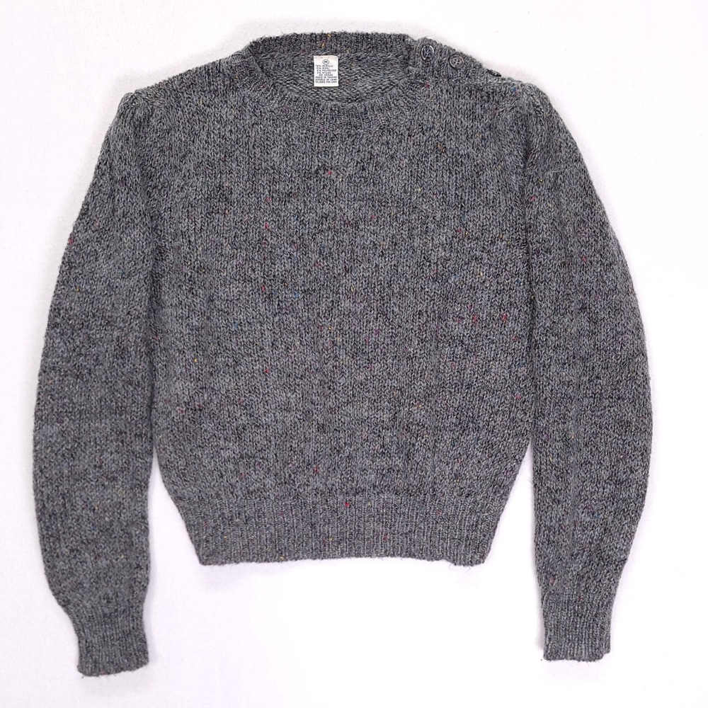 Vintage Gray Speckled Wool Blend Knit Sweater Shoulder Button Puff Sleeve Medium